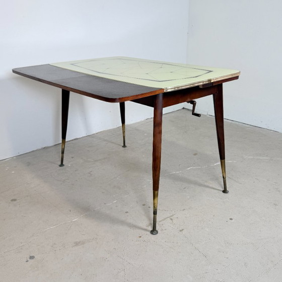 Mid-Century Adjustable Crank Table / Dining table & Coffee Table – 1950s – Wood, Brass (photo 10 of 13)