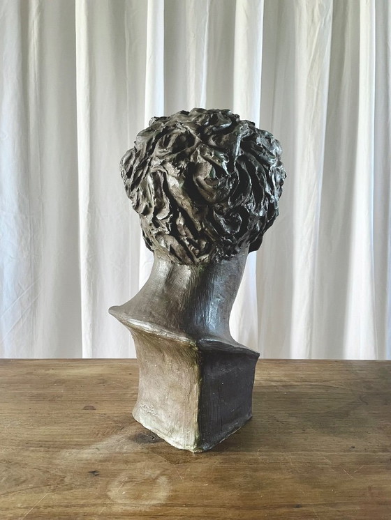 Image 1 of Terracotta bust with a bronze patina, inspired by antiquity, signed