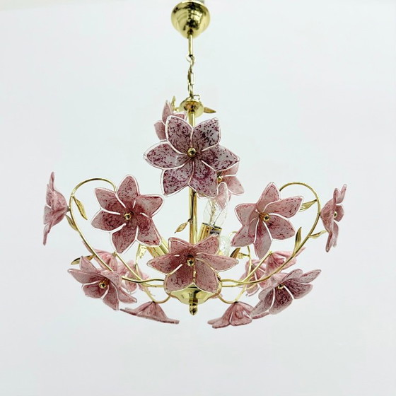Murano rosa Glasblumen-Kronleuchter, 1970er Jahre, Metall (Foto 12 von 15)