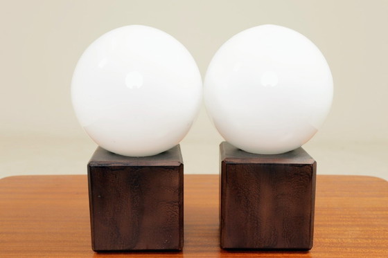 Image 1 of Pair of modern lamps opal glass & wood 
