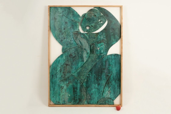 Image 1 of Bas-relief sign reading "Think outside the box!" in patinated wood. Contemporary