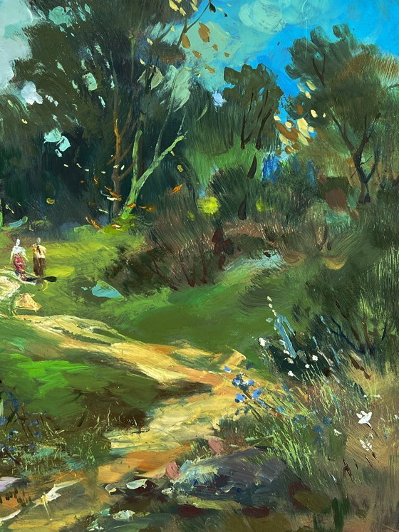 Image 1 of Pintura al óleo original: Paisaje rural, vida en un pueblo, día de verano en el bosque.