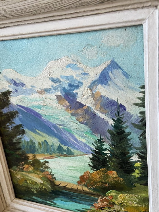 Image 1 of Dipinto ad olio su tavola d'epoca, firmato Claude Sargue, paesaggio montano n. 2