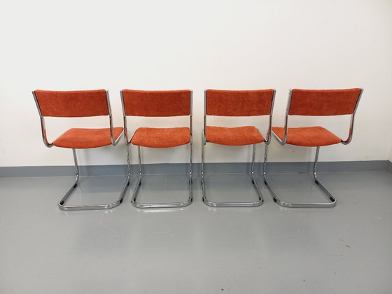 Image 1 of Suite of 4 vintage cantilever chairs in chromed metal and fabric from the 70s