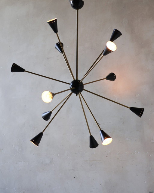 Vintage Stilnovo Sputnik Chandelier With Black Shades