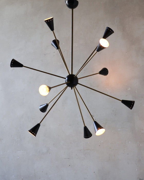 Image 1 of Vintage Stilnovo Sputnik Chandelier With Black Shades