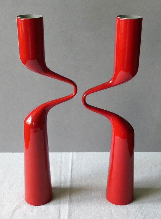 Image 1 of double candle holder, stainless steel, red lacquered, menu, denmark, design mikaela dörfel