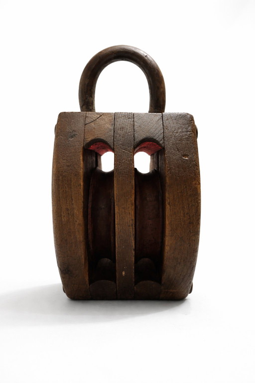 Poulie nautique double ancienne - Bois massif - Port de Rotterdam