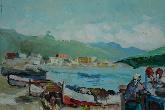 Image 1 of Small painting signed Guglielmo Curti. Oil on panel. Port market.