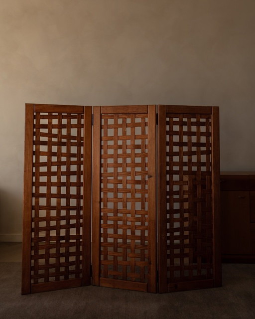 Divisorio per stanza vintage in legno di pino, divisorio per stanza a 3 parti