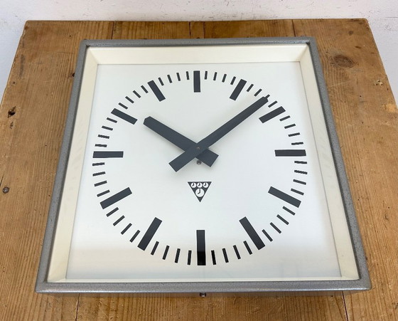 Image 1 of Grey Industrial Square Wall Clock from Pragotron, 1970s