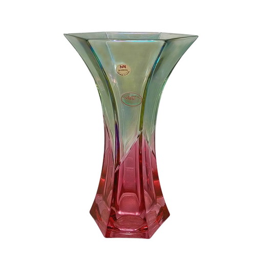 1970s Exquisitely Handcrafted Green and Pink Vase by Neri in Crystal, Made in Italy