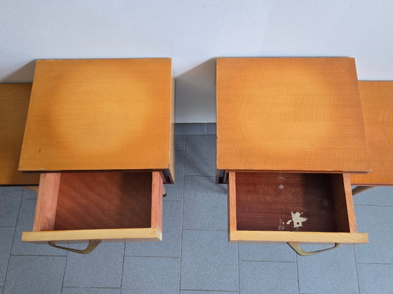 Image 1 of PAIR OF ASYMMETRICAL VINTAGE BEDSIDE TABLES FROM THE 1960s IN VARNISHED BEECH & BRASS