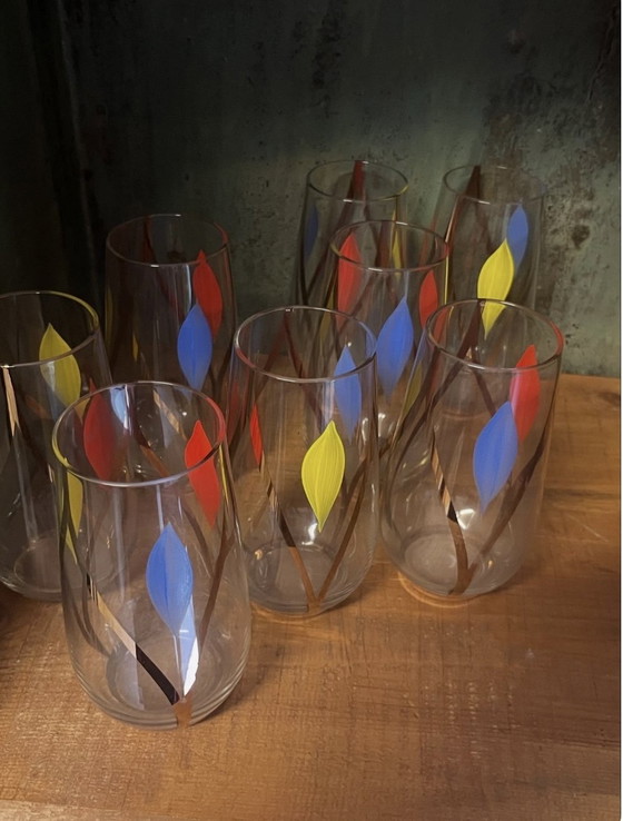 Image 1 of Hand-painted jug and 8 glasses from the 1950s