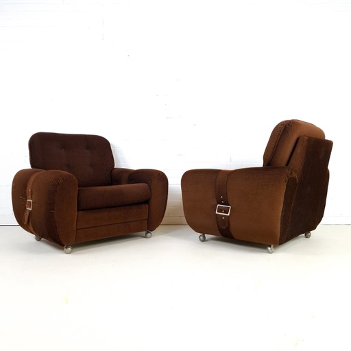 2x Vintage Recliner Armchair Brown Corduroy 1970s – fauteuils, Textile (photo 2 of 9)