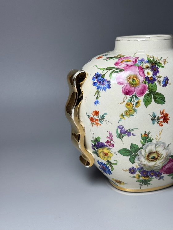 Boch Frères Keramis, Art Deco Vase, “Fleurs des Saxe” Decoration -Belgium, Ceramic, Gold (photo 6 of 15)