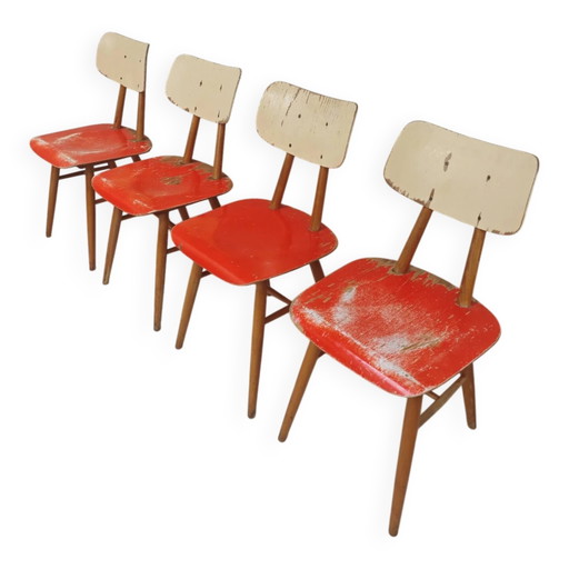Juego de 4 sillas de madera rojas Ton (Thonet) de los años 60.