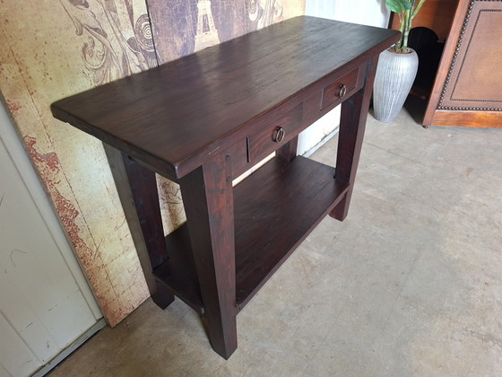 Tables d'appoint coloniales en teck, console d'entrée, console murale, dimensions 101x40cm et 79cm de hauteur. (photo 3 of 5)