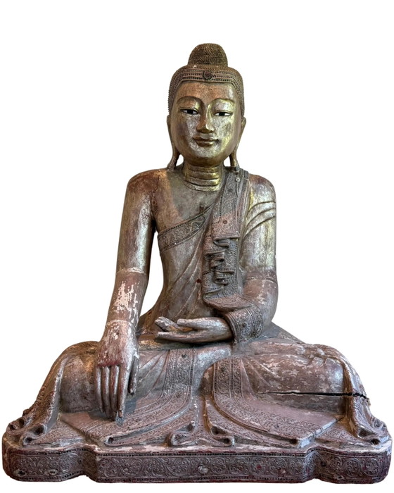 Large Antique Wooden Buddha 120 cm - Mandalay with Inlaid Eyes – Sculpture (photo 9 of 11)