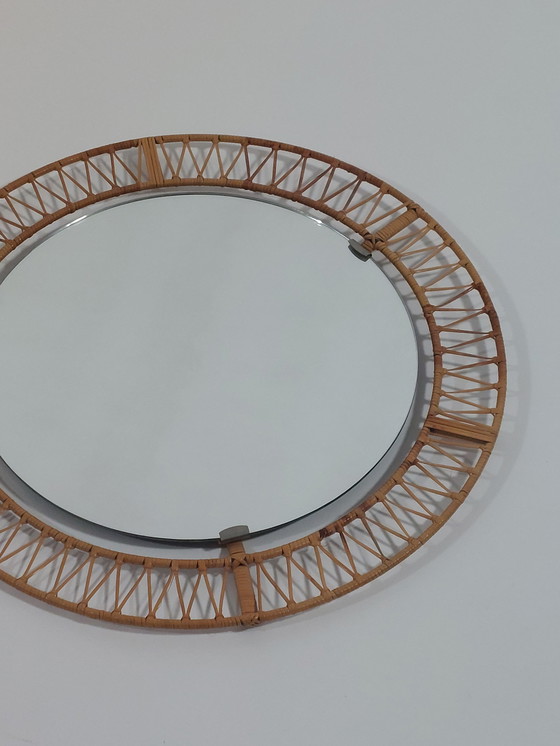 Image 1 of Specchio da parete rotondo in rattan vintage di metà secolo, intrecciato, stile boho anni '70