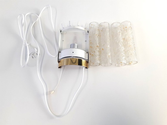 Image 1 of Bellissima lampada da parete vintage in ottone con tubi in vetro ghiacciato di Doria Leuchten, lampada da parete anni '70