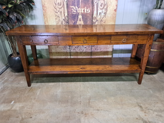 Image 1 of Klassieke Geleefde Teakhouten Sidetable, Wandconsole, Haltafel, Afmetingen 180 x 45 cm en 80 cm Hoog