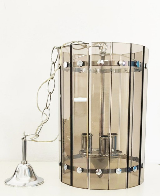 Vintage Veca Fontana Arte hanging lamp - Lantern in Smoked Crystal & Chrome Metal - Italy, late 1960s
