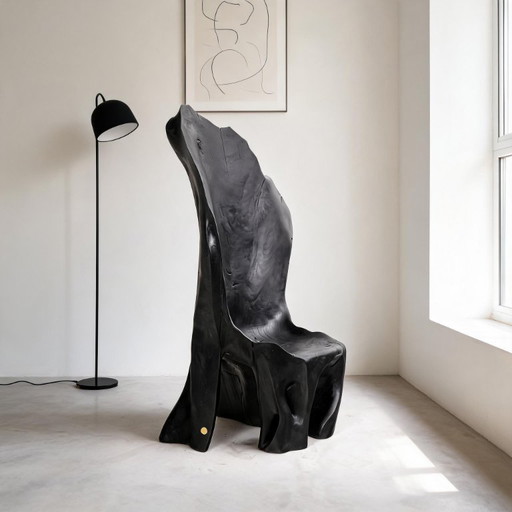 Fauteuil trône en bois noir carbonisé aux formes organiques par Logniture