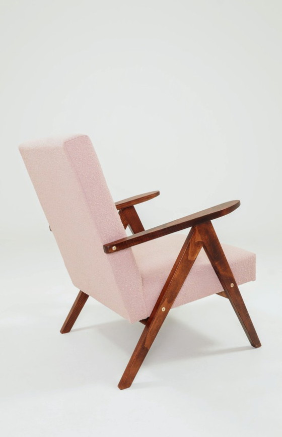 Image 1 of Vintage fauteuil rustiek hout roze bouclé stof zigzag modern design 1970