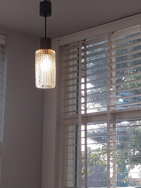 Vintage 70s pendant lamp with embossed glass and copper, Transparent (photo 9 of 9)