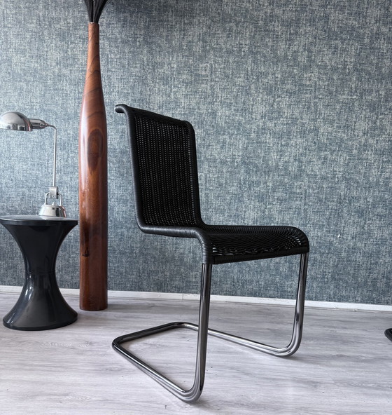 Image 1 of Set van 4 Tecta D20 sledestoelen - zwart wicker & parelchroom