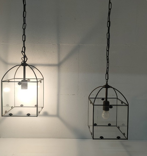 Image 1 of Ensemble de lampes suspendues rétro Amedi en verre/métal des années 90 (1 grande/double) 2 simples.