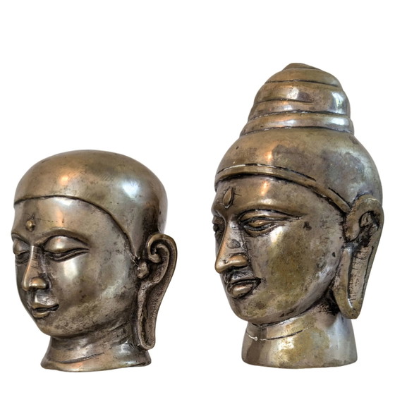 Set of 2 Bronze Heads – Buddha & Monk – Hand-cast Asian Bronze – Sculpture, Aziatisch (photo 7 of 9)