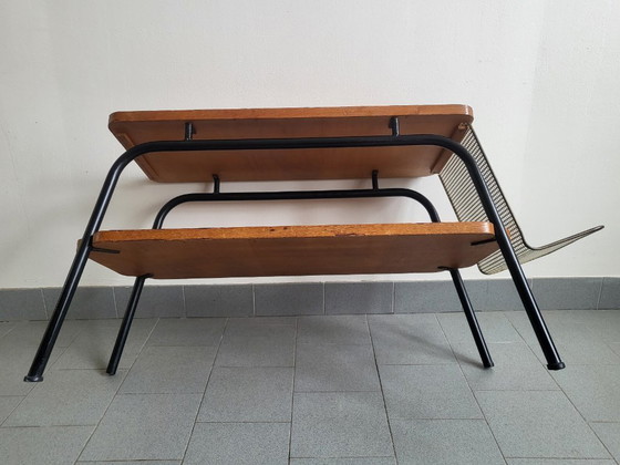 Image 1 of Tavolino da caffè/portariviste vintage anni '50 in acciaio e faggio - Stile Rockabilly Zazou