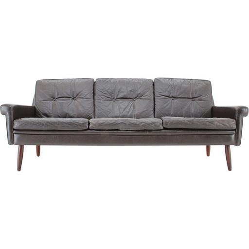 Canapé vintage 3 places en cuir marron foncé, Danemark années 1970