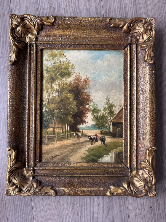 Antique Oil Painting – Julius Jacobus Van De Sande Bakhuyzen (Hague School) – Dutch Polder Landscape (photo 4 of 6)