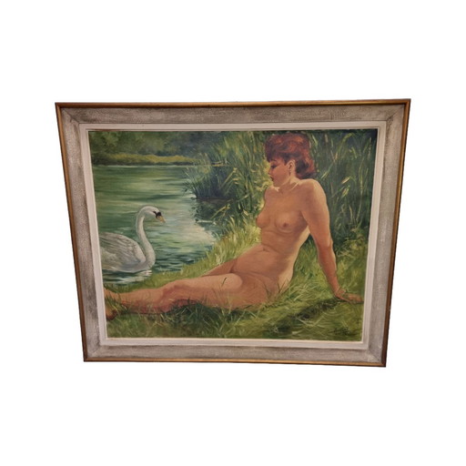 Peinture ancienne de Lena et le cygne datant de 1956