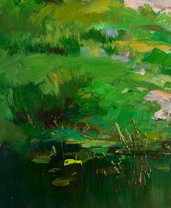 Image 1 of Original Oil Painting Village Bridge Landscape Relaxing by the river on a summer day