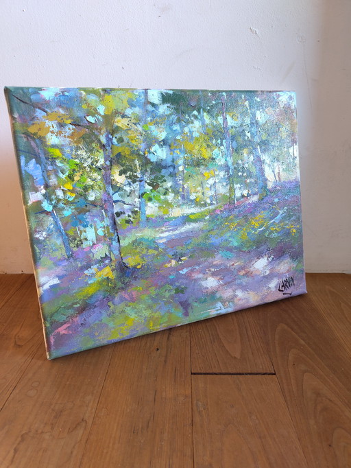 En cheminant en fôret" des französischen Künstlers Claude Carvin, Öl auf Leinwand