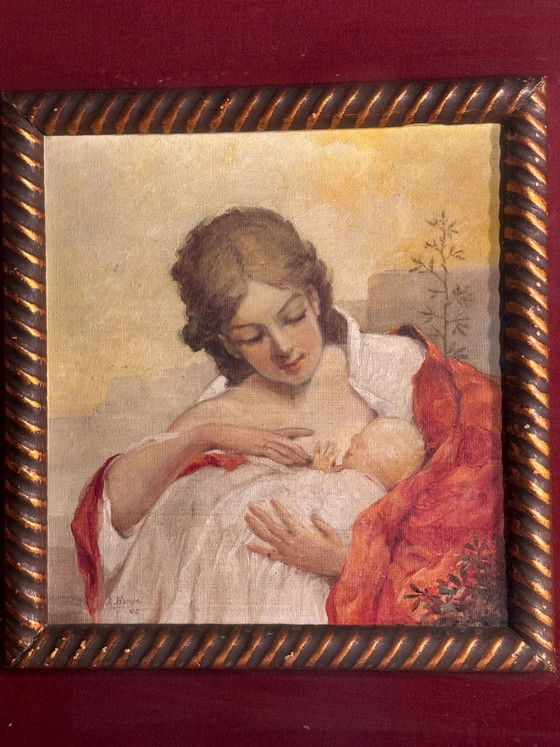 Peinture à l'huile Maternité sur toile par A. Hampe, Peintures et dessins (photo 2 sur 8)