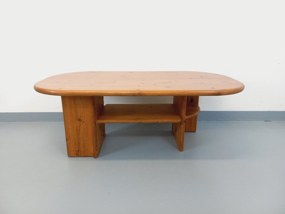 Image 1 of Vintage rectangular oval modernist coffee table in solid pine from the 1970s