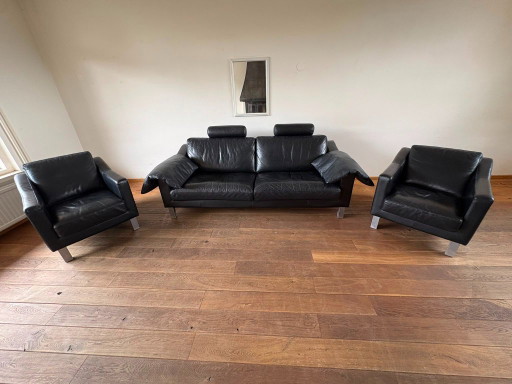 Leolux 2-seater sofa Leather black set with 2 chairs – 3 5 zitsbanken, Metal