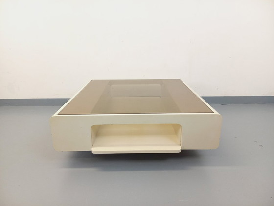Image 1 of Vintage square coffee table in Space Age style, made of white wood and smoked glass, from the 1970s