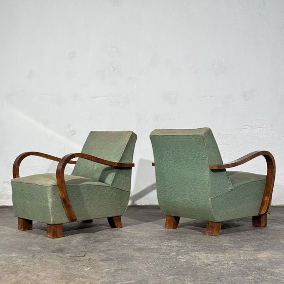 Pair of Art Deco Style Armchairs with Veneered Arms, 1960s – Textile (photo 8 of 14)