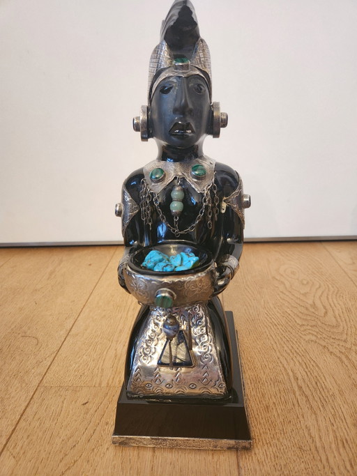 2 large Mexican sculptures – Solid Obsidian & Alpaca/Silver with Turquoise inlay – 35 cm – Monumental weight: 8.8 kg!
