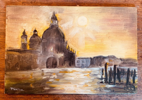 Image 1 of Signed oil painting on canvas, Venice landscape "Santa Maria" at sunset