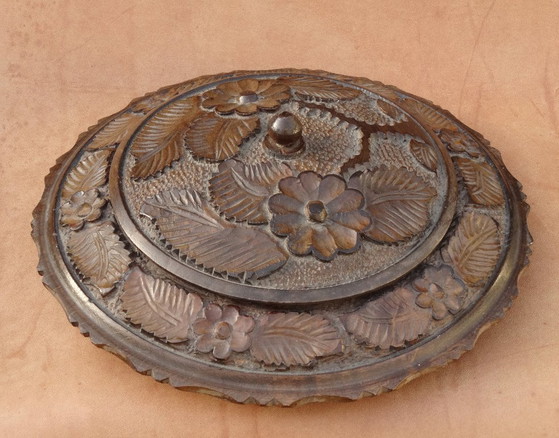 Image 1 of Bol à couvercle fleuri, bois, vintage, chef-d'œuvre, bol avec couvercle, fleurs, meesterwerk