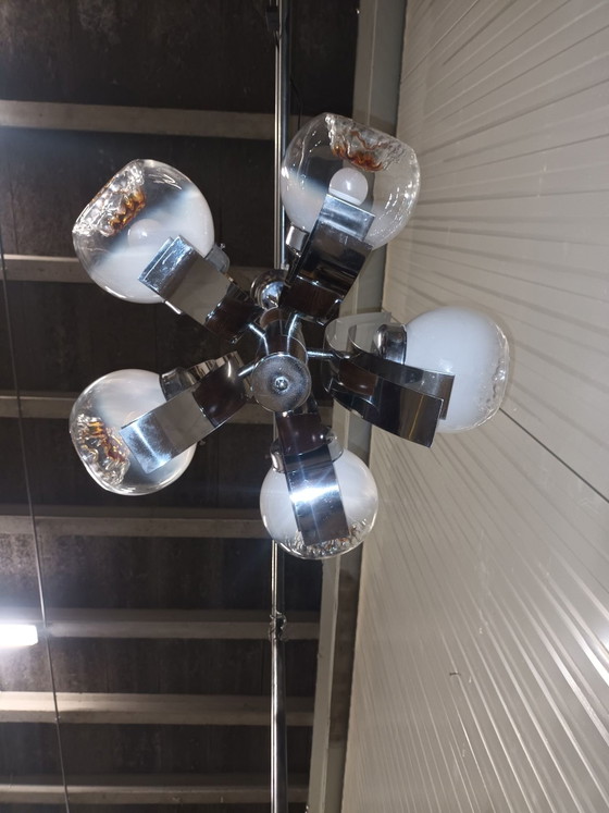 Space Age Chandelier, Murano Glass & Chrome, 70s, Mazzega, Metal, Silver (photo 11 of 15)