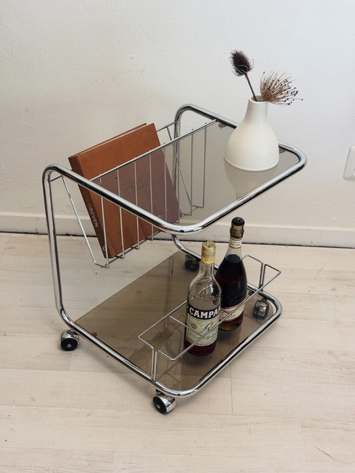 Vintage Trolley Bar Cart Tubular Frame Chrome Smoked Glass 1970s – bijzettafels (photo 2 of 9)