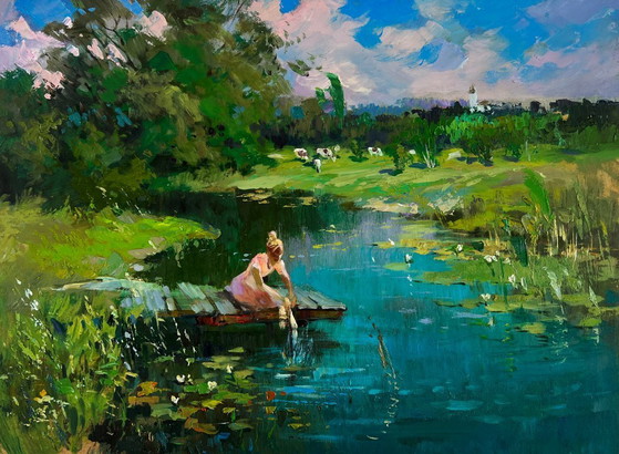 Image 1 of Original Oil Painting Summer River Landscape A girl washes herself at a pond
